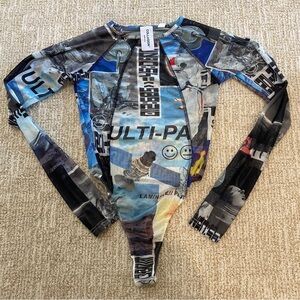 Collusion NWOT Mesh Colorful Graphic Long Sleeve Bodysuit size 4